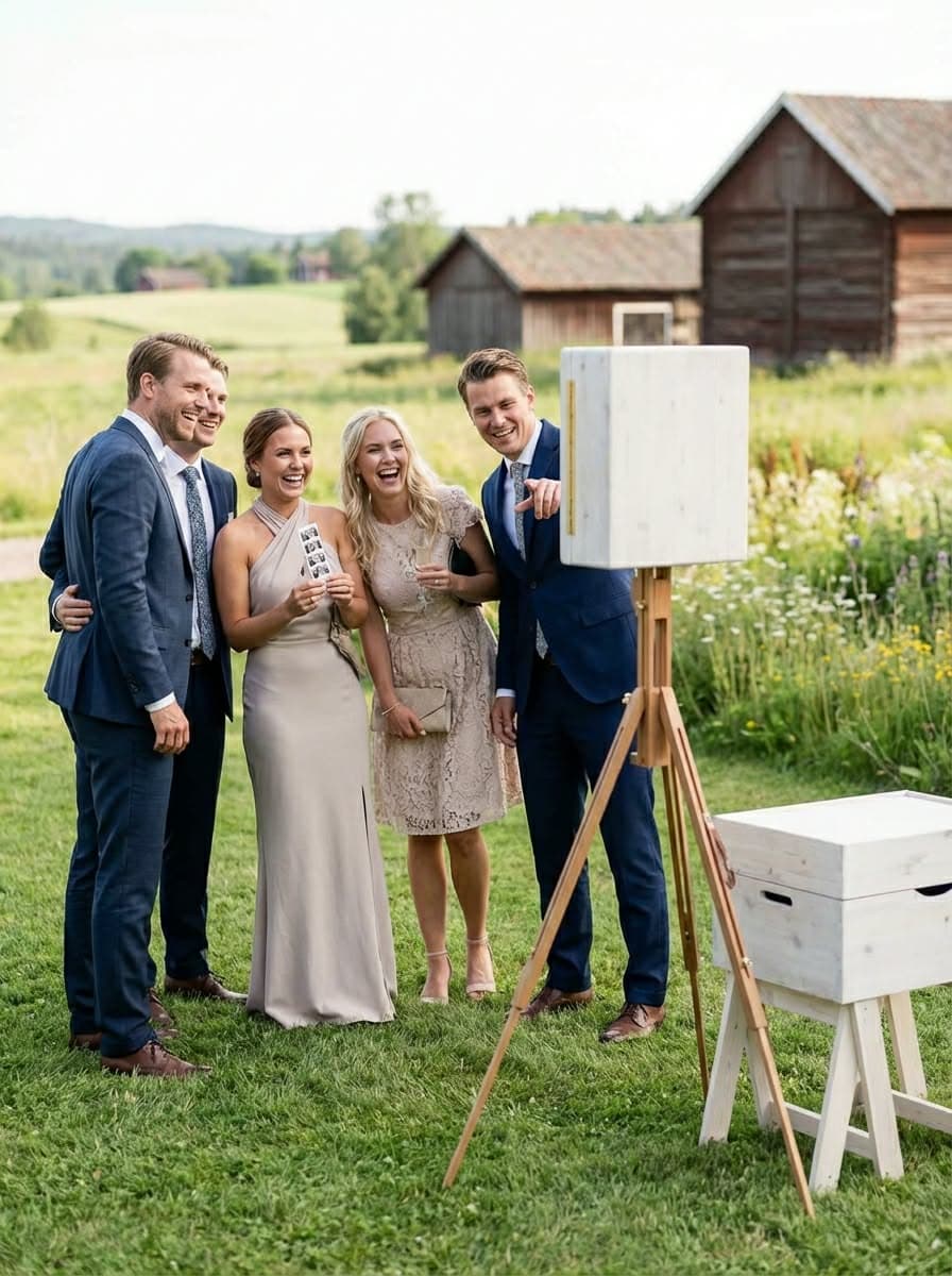 Brudpar och gäster samlade vid Maboothens handgjorda fotobås på ett utomhusbröllop i Skåne